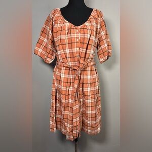 Chic Orange Plaid Midi Dress with Belt